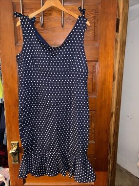 Lindy Bop Navy and White Polka Dot Tie-Shoulder Midi Dress